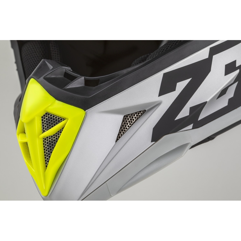 Vaikiškas motokroso šalmas ZED X1.9D TENDO matinis juodas-tamsiai pilkas-šviesiai pilkas-fluo geltonas - II. kokybė