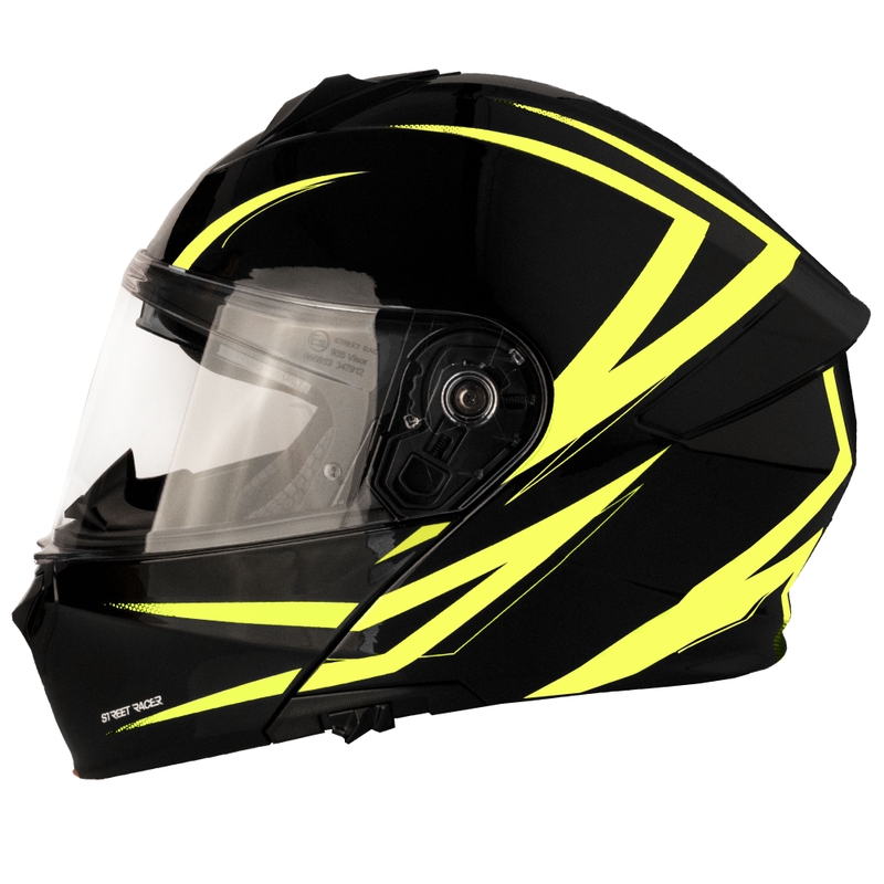 Atlenkiamas motociklo šalmas „Street Racer Fury“ juodas-fluorescencinis geltonas 2 - II kokybės - II. kokybė