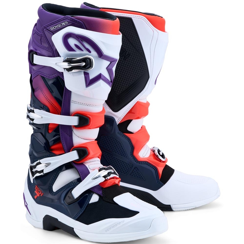 „Alpinestars TECH 7“ krosiniai batai violetiniai-balti-tamsiai mėlyni-fluorescenciniai raudoni