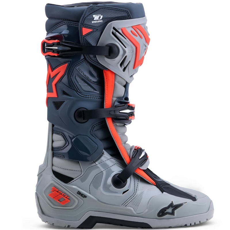 Alpinestars Tech 10 Enduro motociklo batai pilki-tamsiai pilki-fluorescenciniai raudoni