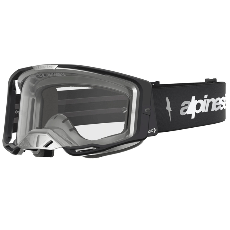 „Alpinestars Vision 8 Amber“ motokroso akiniai, juodi-sidabriniai su skaidriu plexiglasu