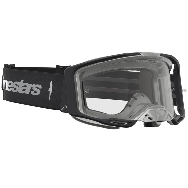 „Alpinestars Vision 8 Amber“ motokroso akiniai, juodi-sidabriniai su skaidriu plexiglasu