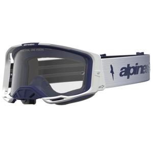 „Alpinestars Vision 8“ gintaro spalvos mėlynai balti motokroso akiniai su skaidriu plexiglasu