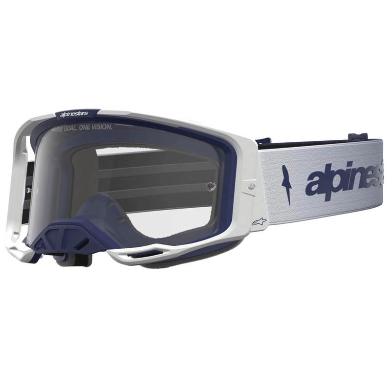 „Alpinestars Vision 8“ gintaro spalvos mėlynai balti motokroso akiniai su skaidriu plexiglasu