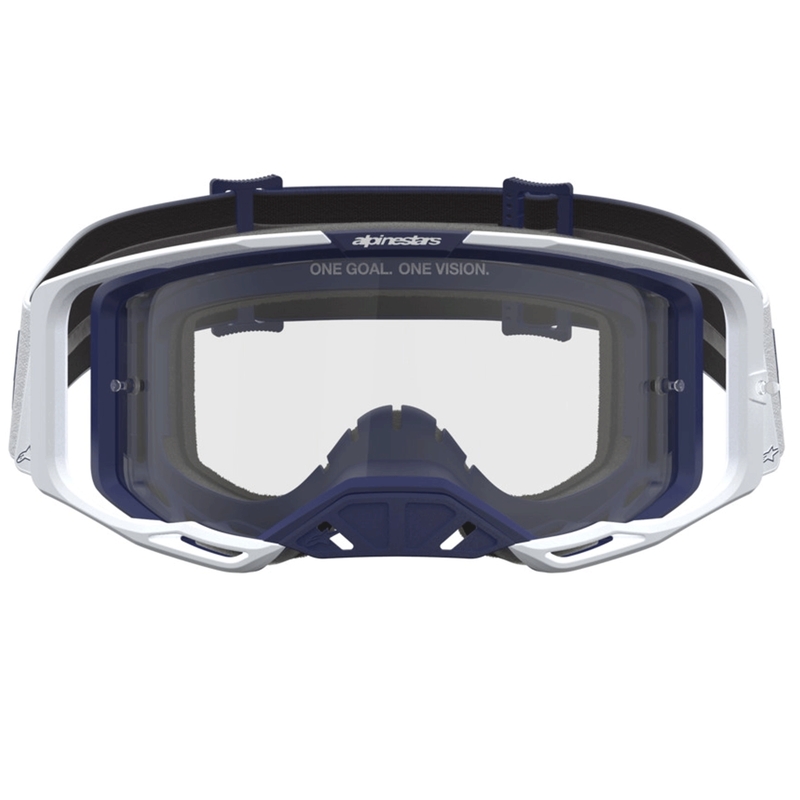 „Alpinestars Vision 8“ gintaro spalvos mėlynai balti motokroso akiniai su skaidriu plexiglasu