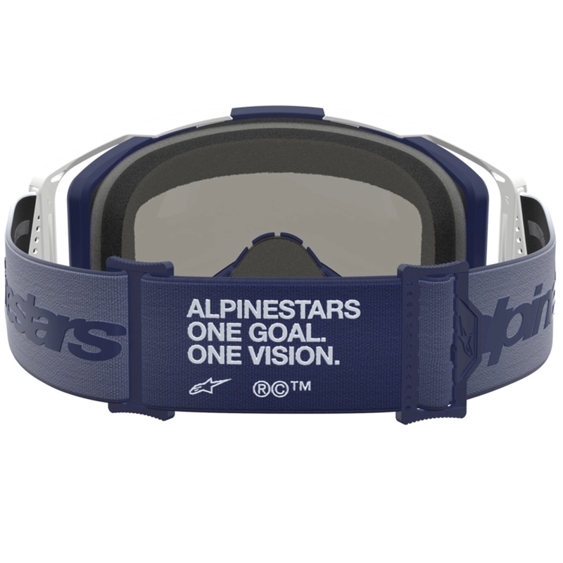 „Alpinestars Vision 8“ gintaro spalvos mėlynai balti motokroso akiniai su skaidriu plexiglasu