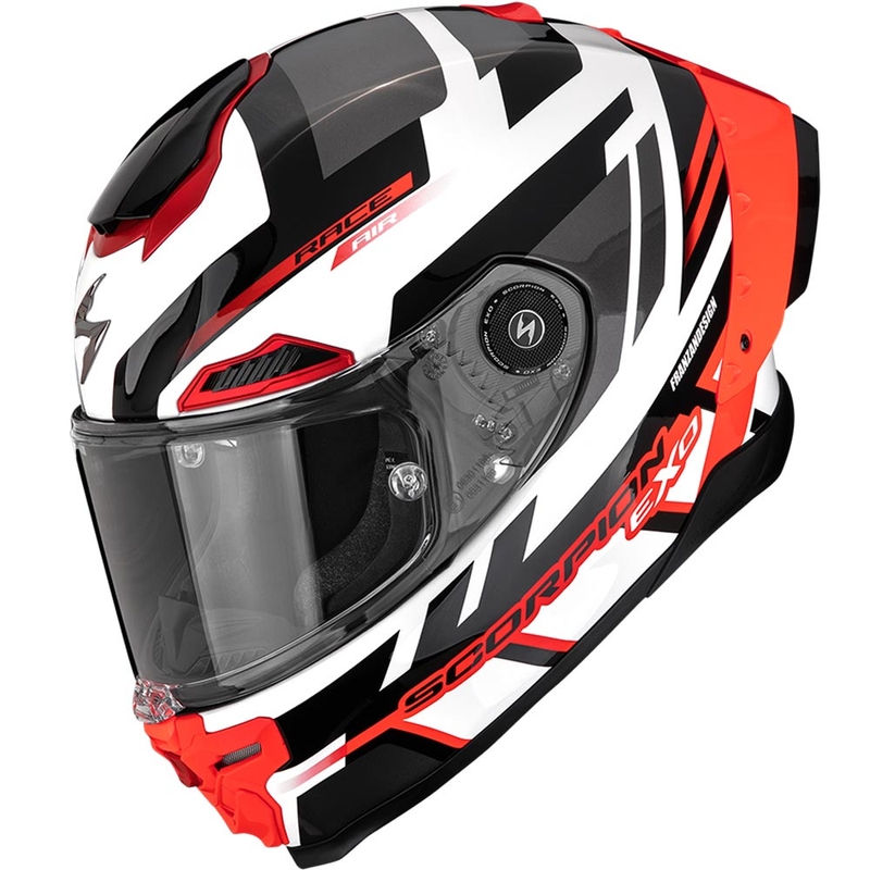 Scorpion EXO-RACE Air Carbon Fury uždaras motociklo šalmas, baltas-sidabrinis-raudonas