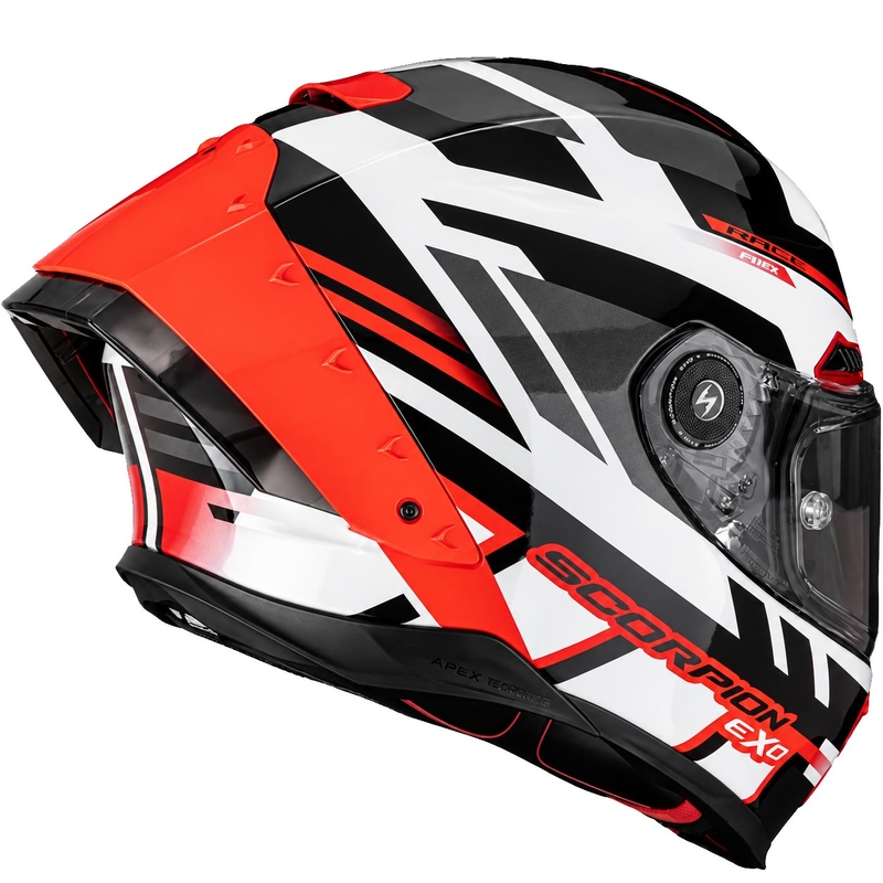 Scorpion EXO-RACE Air Carbon Fury uždaras motociklo šalmas, baltas-sidabrinis-raudonas
