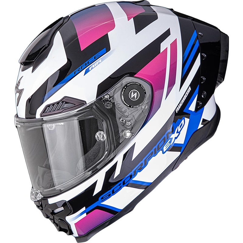 Scorpion EXO-RACE Air Carbon Fury uždaras motociklo šalmas, baltas-rožinis-mėlynas