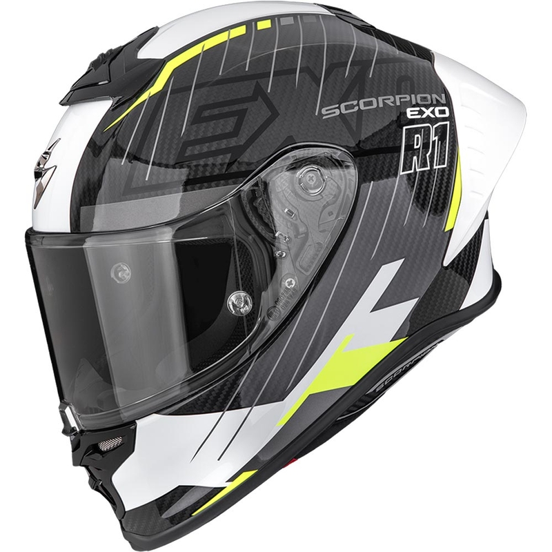 Scorpion EXO-R1 EVO II Air Surge uždaras motociklo šalmas, juodas-baltas-fluorescencinis geltonas