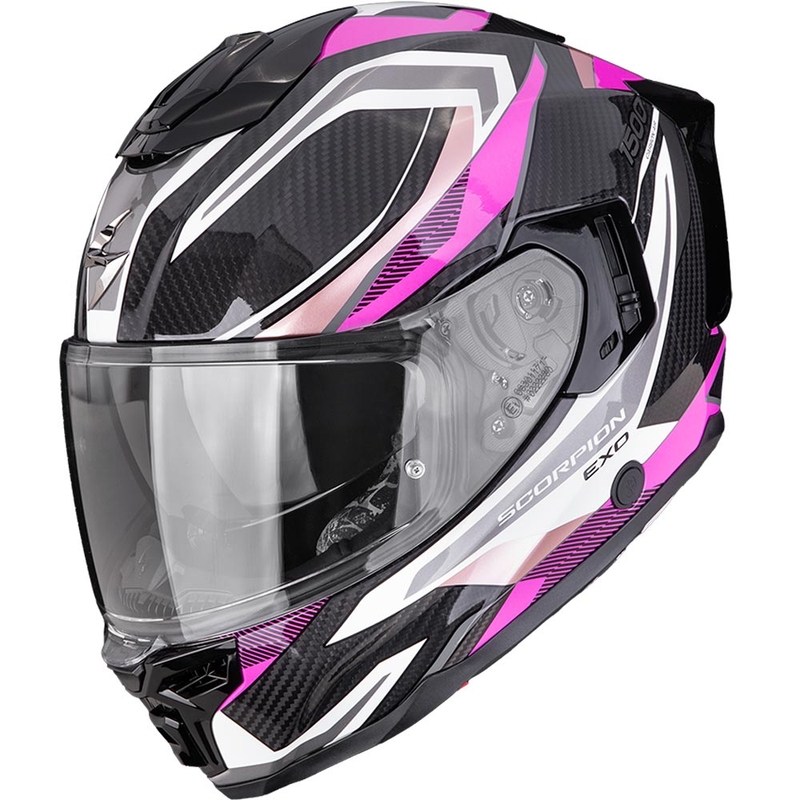 Scorpion EXO-1500 Carbon Air Hydro uždaras motociklo šalmas, juodas-baltas-rožinis