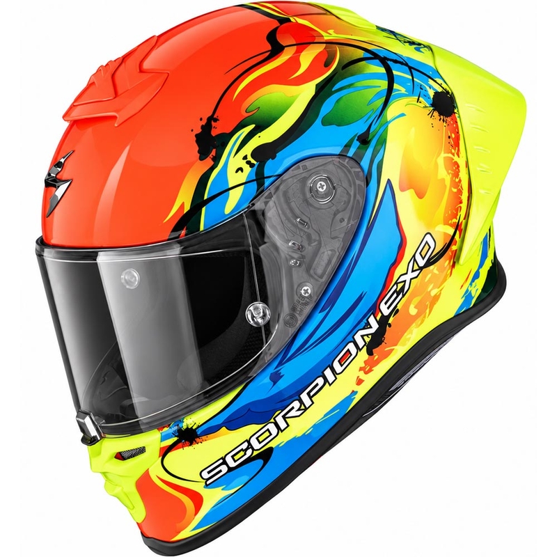 Scorpion EXO-R1 EVO II Air Thrust uždaras motociklo šalmas, fluorescencinė raudona-mėlyna-geltona