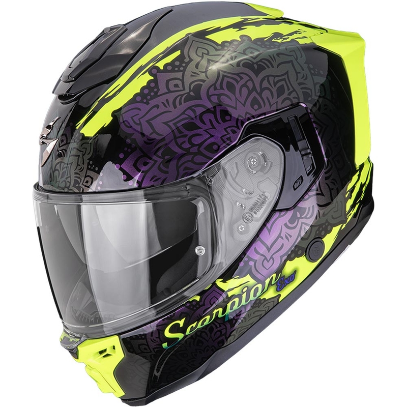 Scorpion EXO-1500 Air Vortex uždaras motociklo šalmas, juodas-fluorescencinis geltonas-chameleono spalvos