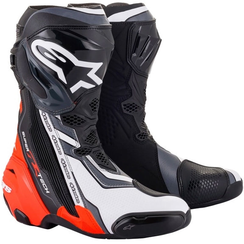 "Alpinestars Supertech R" juodai-fluo raudonai-baltai-pilkos spalvos motociklininko batai
