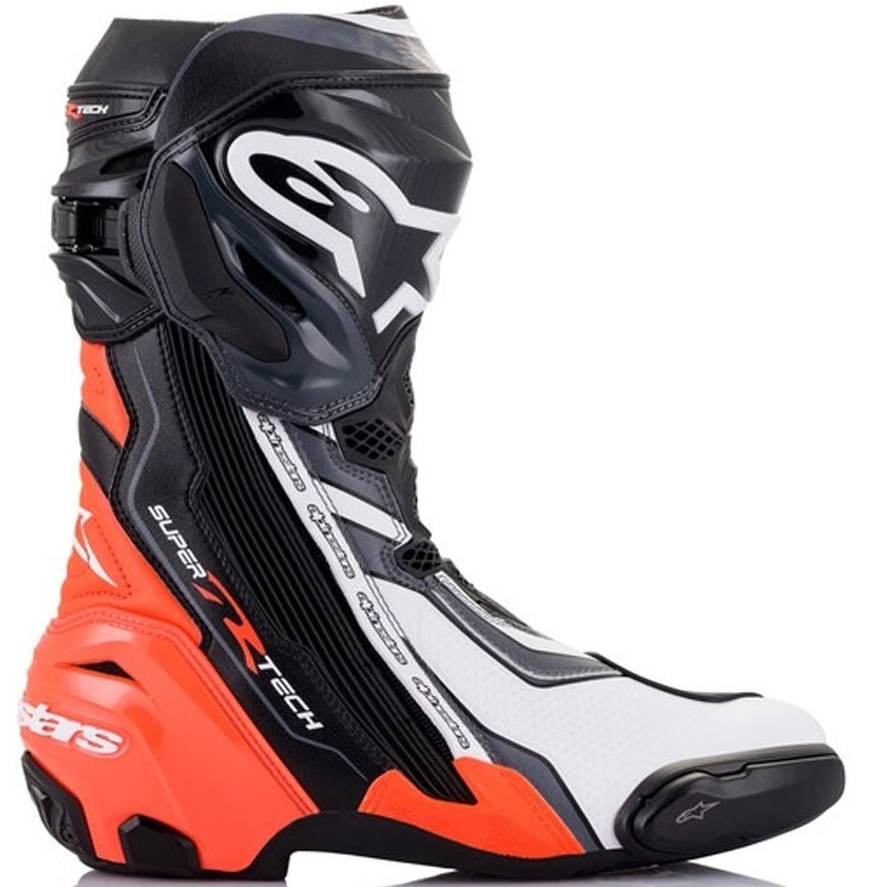 "Alpinestars Supertech R" juodai-fluo raudonai-baltai-pilkos spalvos motociklininko batai