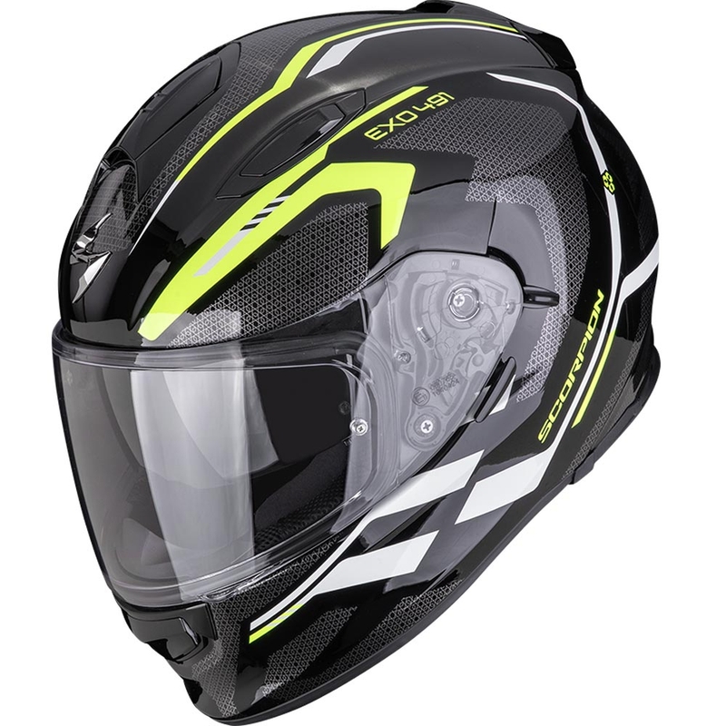 Scorpion EXO-491 KRYPTA uždaras motociklo šalmas, juodas-fluorescencinis geltonas-baltas