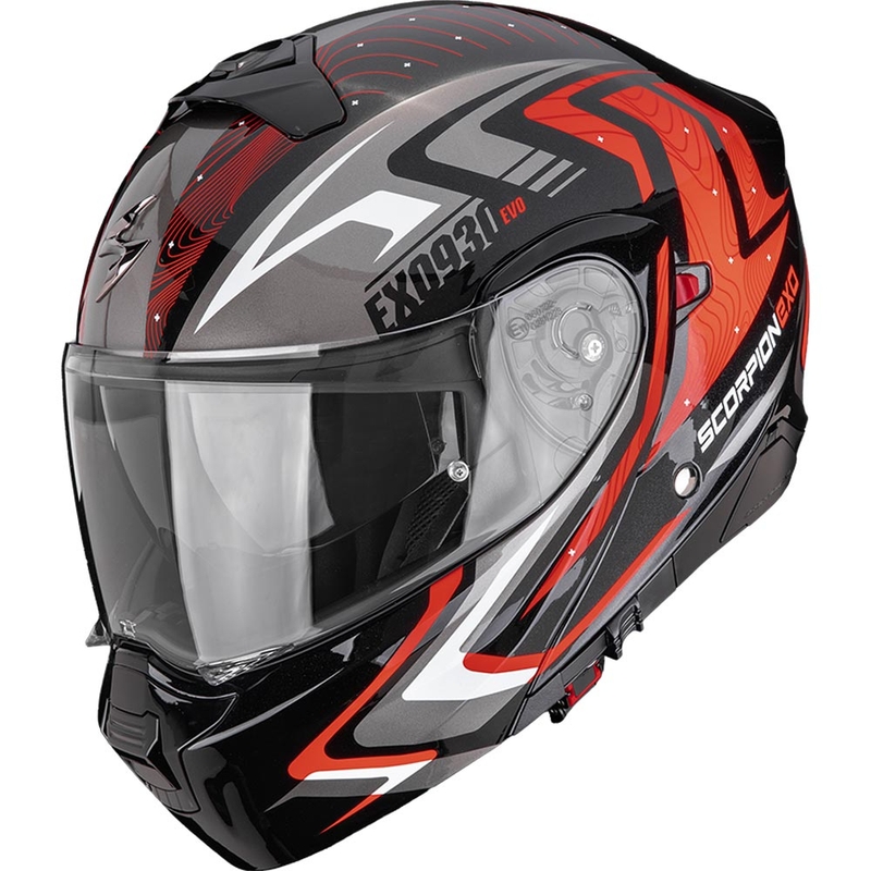 Scorpion EXO-930 EVO Alpha atlenkiamas motociklo šalmas juodas-sidabrinis-raudonas