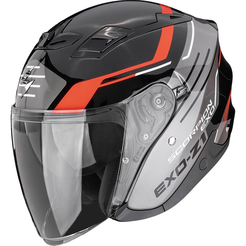 Scorpion EXO-Z1 Prymus atviras motociklo šalmas, juodas-sidabrinis-raudonas