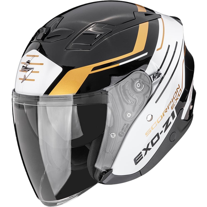 Atviras motociklo šalmas Scorpion EXO-Z1 Prymus juoda-balta-auksinė