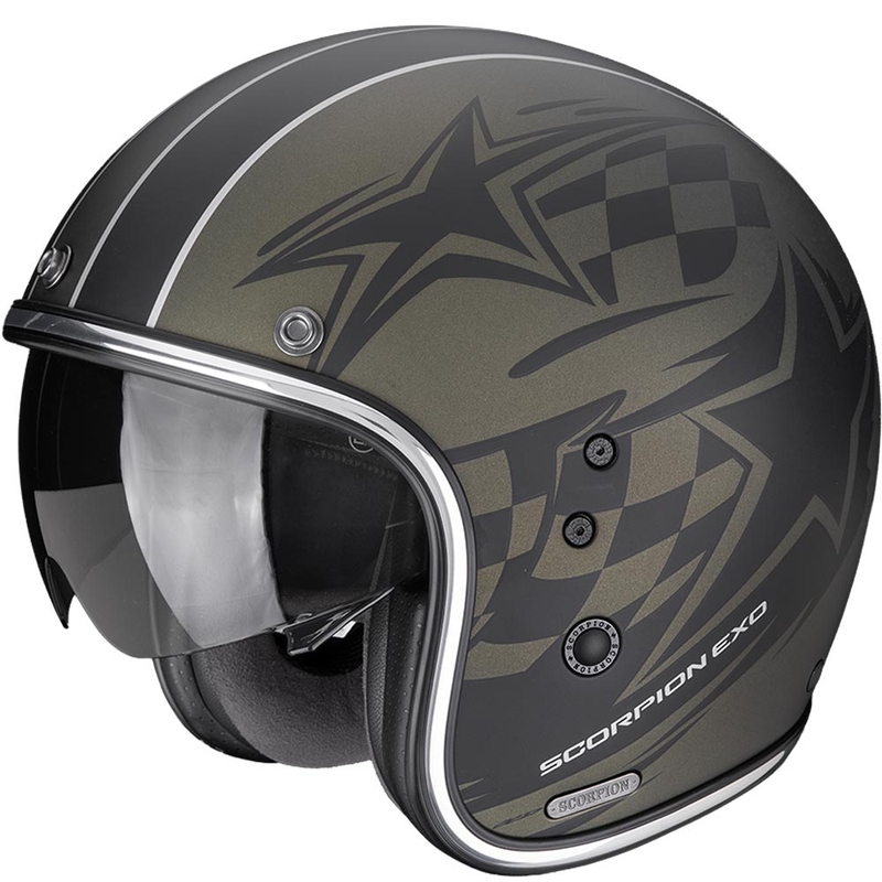 „Scorpion Belfast II Flagstone“ atviras motociklo šalmas, matinė žalia-juoda