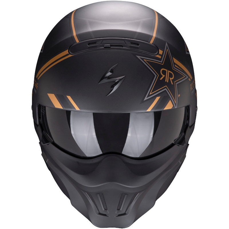 Atviras šalmas su kauke Scorpion EXO-COMBAT EVO Rockstar juodai auksinis