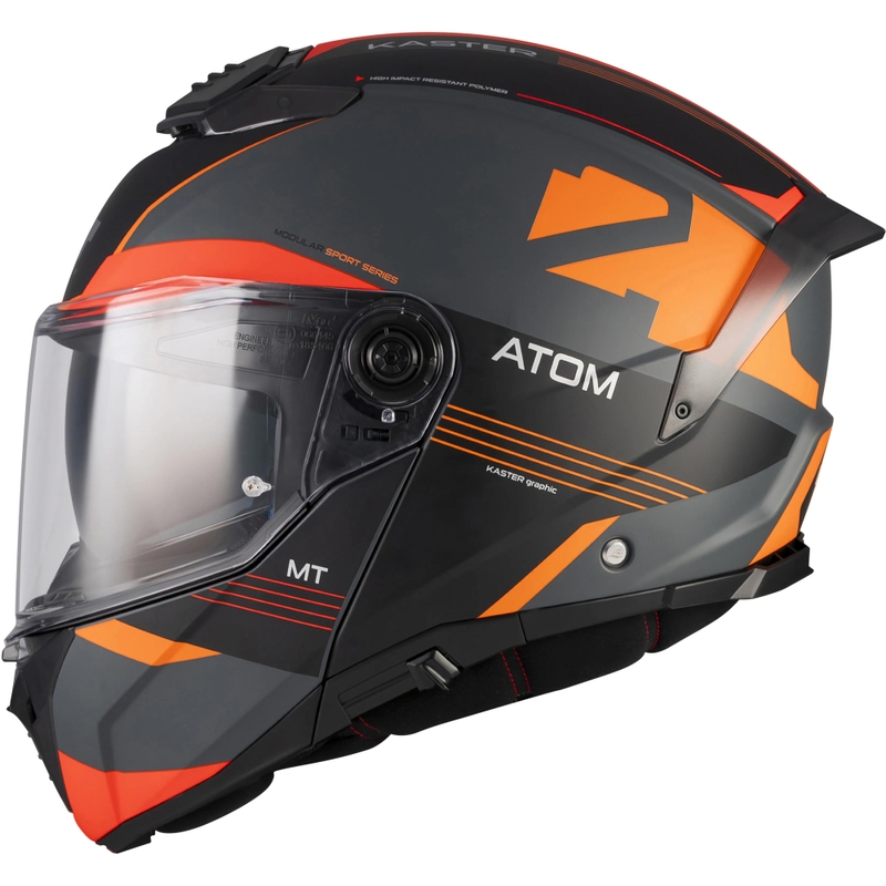 Atlenkiamas motociklo šalmas MT Atom 2 SV Kaster C14 matinės juodos-pilkos-oranžinės spalvos