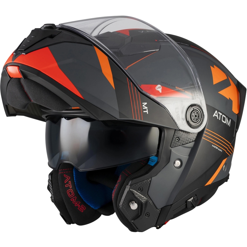 Atlenkiamas motociklo šalmas MT Atom 2 SV Kaster C14 matinės juodos-pilkos-oranžinės spalvos
