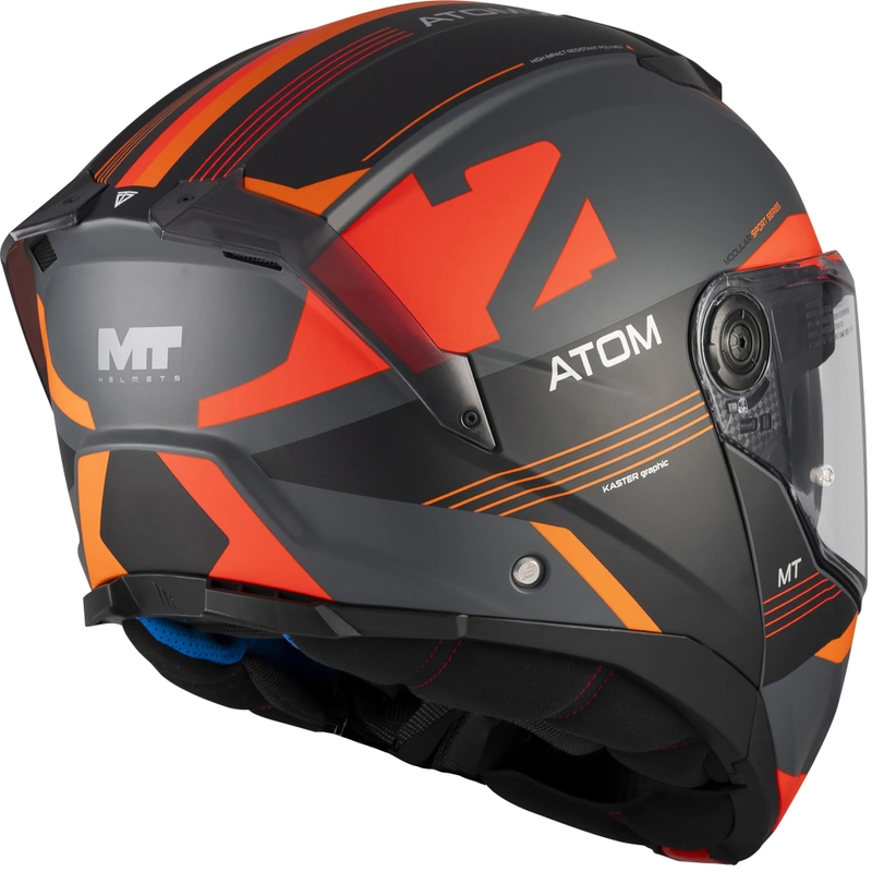Atlenkiamas motociklo šalmas MT Atom 2 SV Kaster C14 matinės juodos-pilkos-oranžinės spalvos