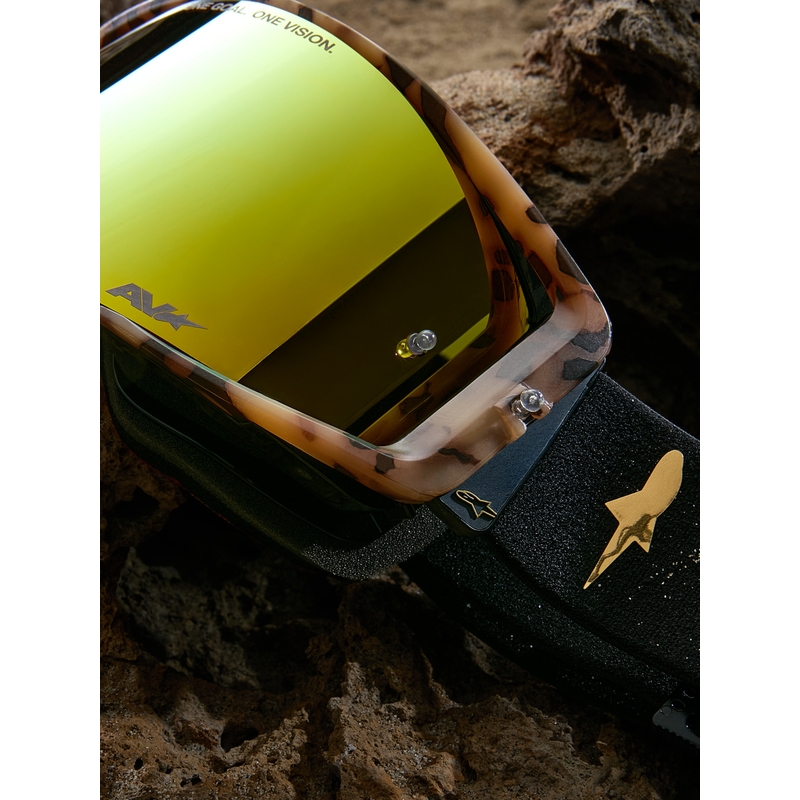 „Alpinestars Supertech“ riboto leidimo „Zona“ motokroso akiniai, juodi-rudi su veidrodiniu aukso spalvos plexiglasu