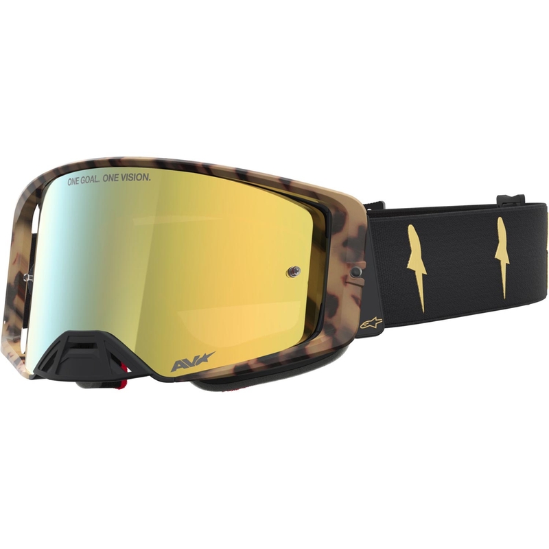 „Alpinestars Supertech“ riboto leidimo „Zona“ motokroso akiniai, juodi-rudi su veidrodiniu aukso spalvos plexiglasu