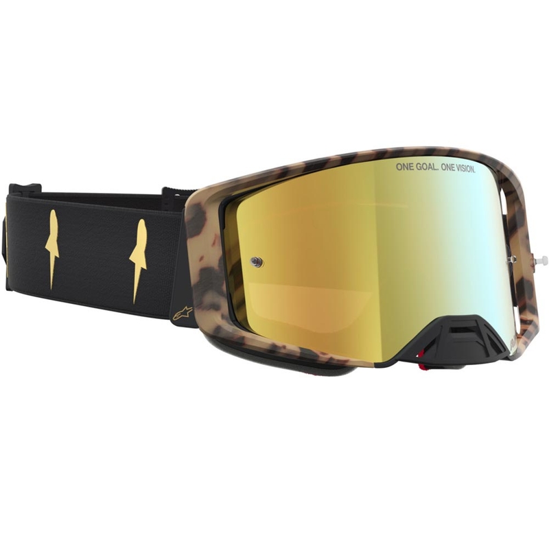„Alpinestars Supertech“ riboto leidimo „Zona“ motokroso akiniai, juodi-rudi su veidrodiniu aukso spalvos plexiglasu