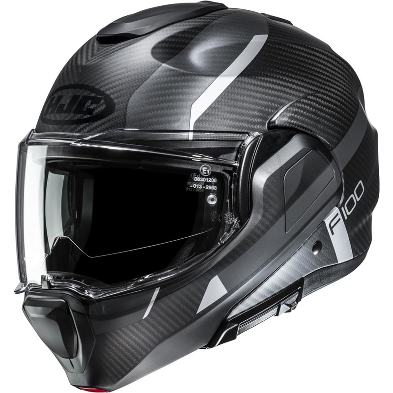 Atlenkiamas motociklo šalmas HJC F100 Carbon Askan MC5SF juoda-pilka-sidabrinė