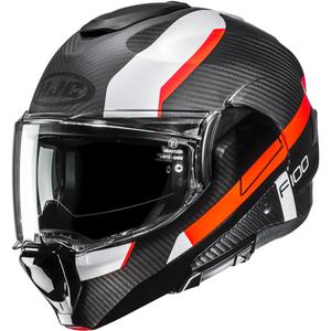 Atlenkiamas motociklo šalmas HJC F100 Carbon Askan MC6HSF juoda-oranžinė-balta-raudona