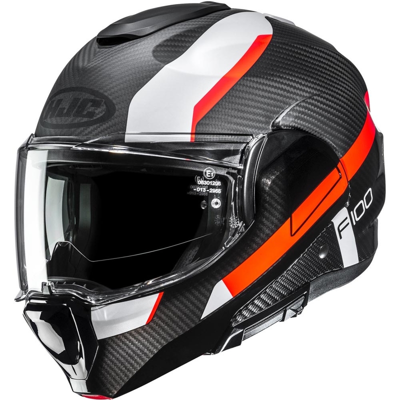 Atlenkiamas motociklo šalmas HJC F100 Carbon Askan MC6HSF juoda-oranžinė-balta-raudona