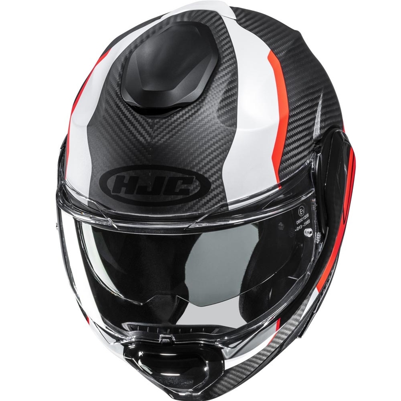 Atlenkiamas motociklo šalmas HJC F100 Carbon Askan MC6HSF juoda-oranžinė-balta-raudona
