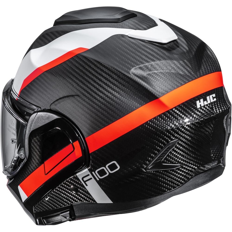 Atlenkiamas motociklo šalmas HJC F100 Carbon Askan MC6HSF juoda-oranžinė-balta-raudona