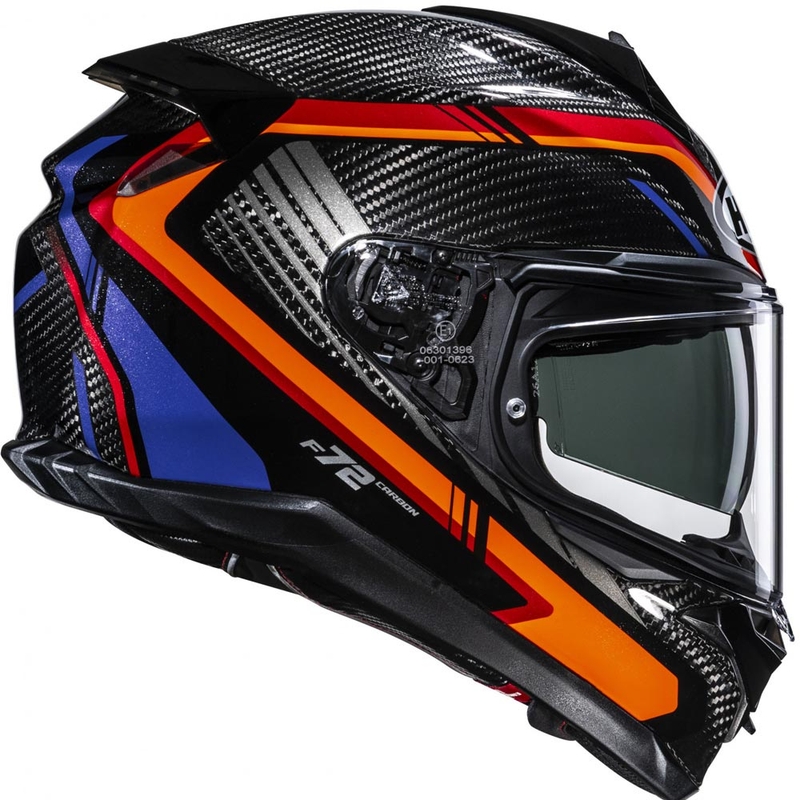 Uždaras motociklo šalmas HJC F72 Carbon Kairo MC8 juodas-oranžinis-raudonas-violetinis