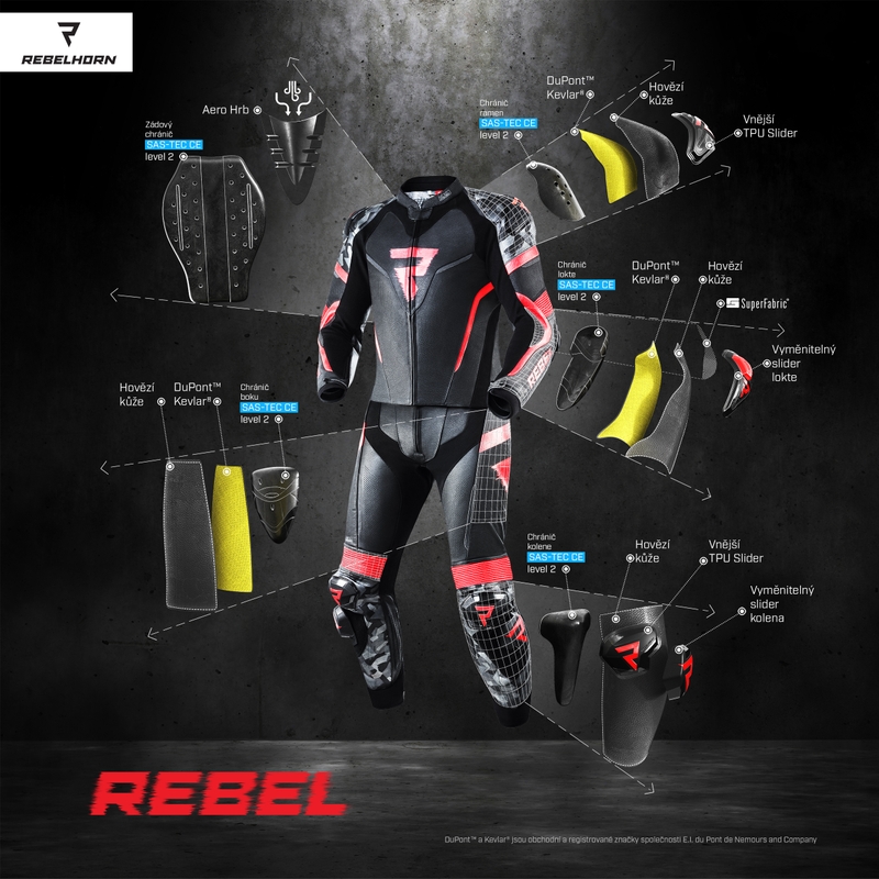 "Rebelhorn Rebel" juoda-balta-geltona motociklininko kombinezonas išpardavimas